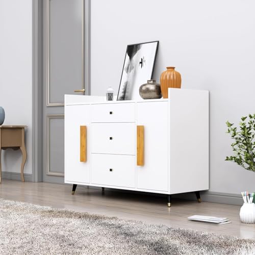 Image of Bniture Wooden Sideboard Cabinet for Living Room | Wooden Storage Cabinet with 2 Door & 3 Drawer | Engineered Wood Multipurpose Cabinet with Spacious Shelves for Home | Frosty White