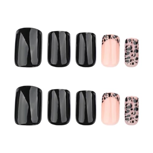 Image of Black Press on Nails Leopard Print Fake Nails with French Tip Design Glossy Glue on Nails Short Square False Nails Artificial Acrylic Full Cover Stick on Nails for Women Girls Nail Decoration 24Pcs