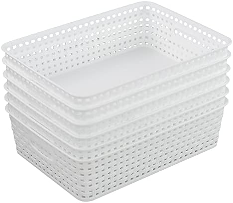 Sandmovie Woven Office Storage Baskets A4 Plastic Basket Trays Kitchen Drawer Organizer, White, Packs of 6