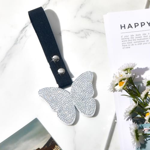 Image of Fabbay Butterfly Shaped Car Handle Strap Drift Charm Car Accessories Bling Handle Ring for Women Rear Bumper Warning Ring Decor for Auto Bus Interior Exterior Decoration (White, Butterfly Style)