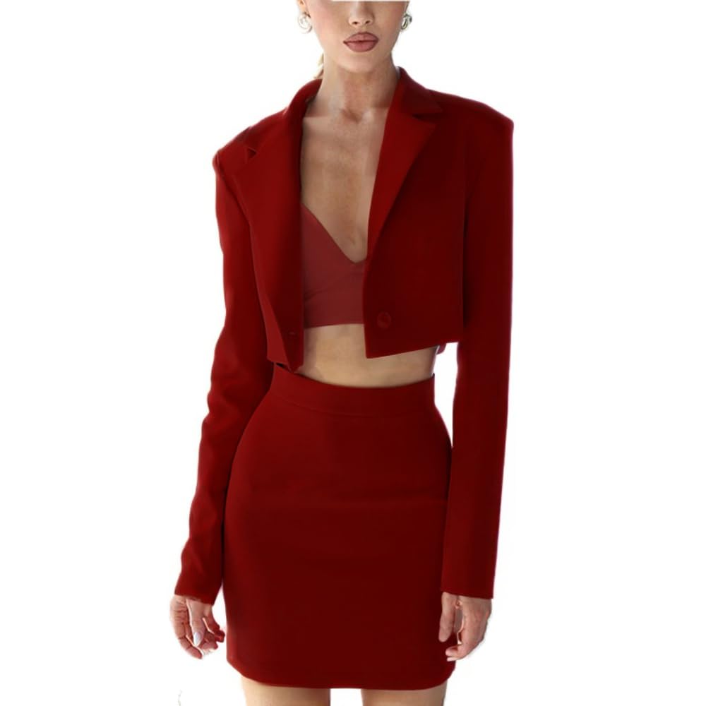 Womens 2 Piece Suit Skirt Set One Button Notch Lapel Business Casual Cropped Blazer and Pencil Skirt Set