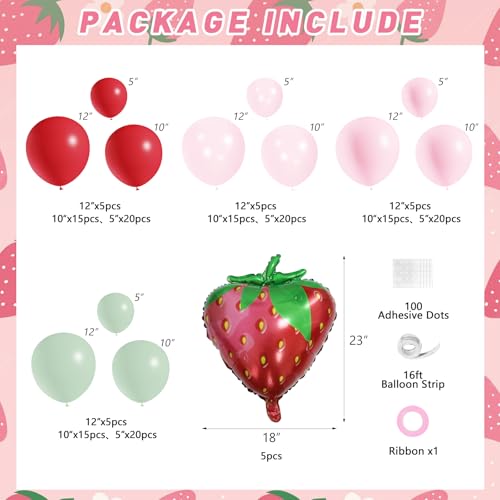 Image of JOGAMS 172Pcs Strawberry Balloon Arch Garland Kit with Pearl Pink Dusty Green Foil Balloons for Berry First Sweet One Strawberry Theme Birthday Baby Shower Party Decorations for Girls