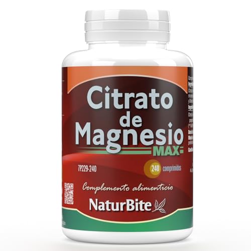 Citrato de Magnesio MAX NaturBite - 240 Comprimidos - Alta Biodisponibilidad - 250mg de Magnesio Elemental por Comprimido - Suplemento Premium para Huesos, Músculos y Energía