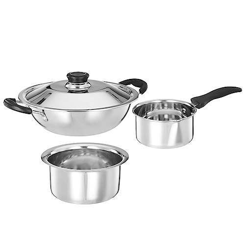 Amazon Brand - Solimo Stainless Steel - 3 Pcs Kitchen Delight Cookware Set (15 Cm Sauce Pan, 23 Cm Kadai with Ss Lid, 20 Cm Tope), Silver
