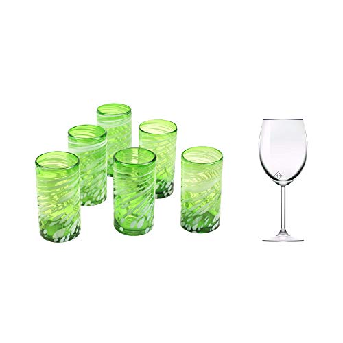 Novica Hand Blown Glass Eco-Friendly Green And White Swirl Drinking Glasses, 16 Oz, 'Festive Green' (Set Of 6) #TOP3