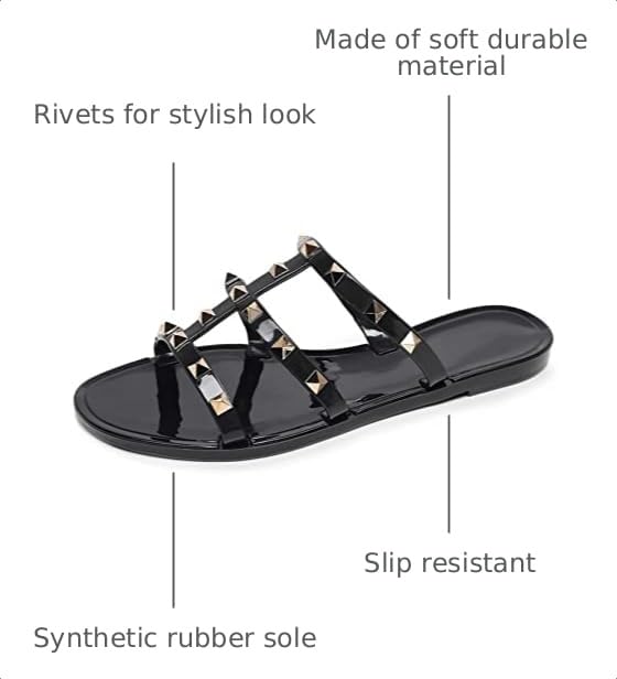 Image of Women Flats Sandals, Studded Jelly Shoes Size 9 Red Dressy Summer Beach Rivets Strappy Jellies Slide Slip On Open Toes