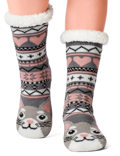 Fuzzy Slipper Socks for Women Girls Kids with Grips Warm Sherpa Lined Animal Cabin Socks Non Slip Indoor House Stocking Stuffers Christmas Gifts Cozy Winter