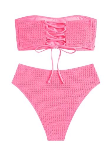 Image of ZAFUL Women's High Cut Bandeau Bikini Set Strapless Solid Color 2 Pieces Bathing Suit Swimsuit