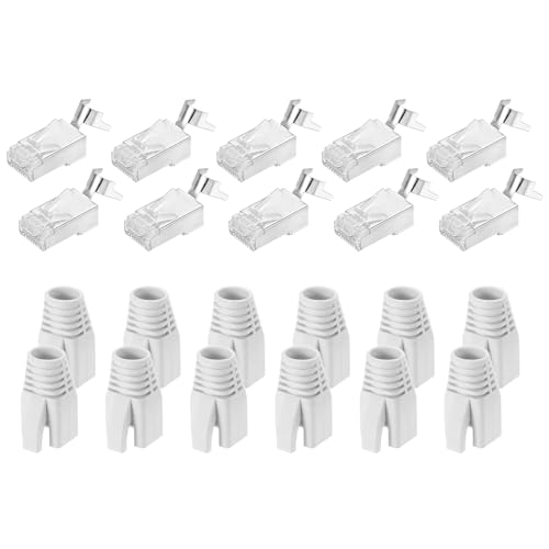 sourcing map 10 conectores de paso CAT8 RJ45, conectores RJ45 STP/FTP 8P8C chapados en oro con 10 botas blancas de alivio de tensión y cable transversal para cable Ethernet de 23 AWG