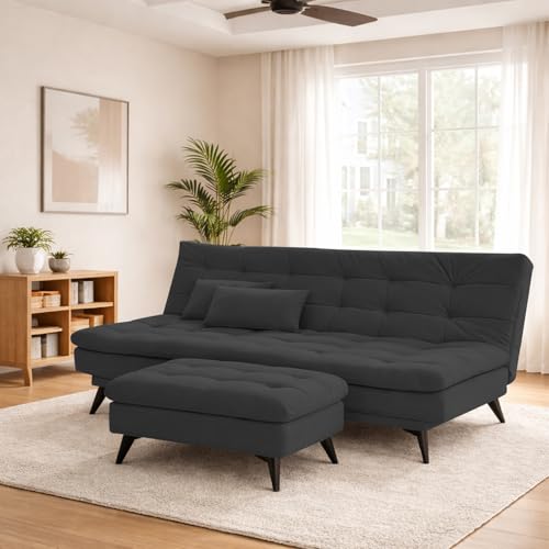 Image of Krancy Solid Wood 3 Seater Sofa Cum Bed with Ottomon | Convertible Wooden Couch for Living Room, Home & Office | Modern Designer Furniture | 1 Year Warranty | Black Color