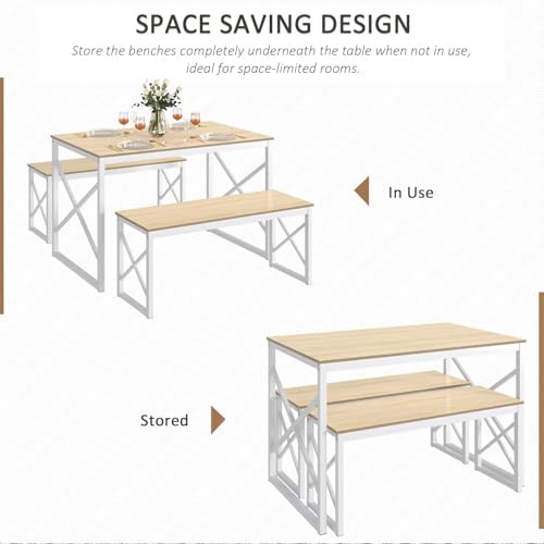 Image of VECELO 43.3 inch Kitchen Dining Table Set for 4, Heavy-Duty Steel Frame & Wood-Grain Tabletop, Space-Saving Dinette Sets with 2 Benches for Breakfast Nook and Small Space, Natural