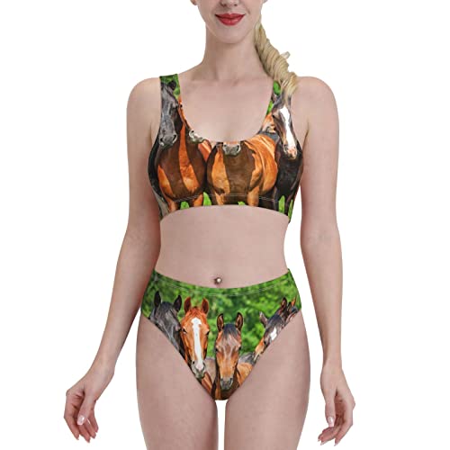 Maillot de bain imprimé cheval pour femme - Bikini de sport fendu noir en taille L