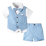 Volunboy Baby Jungen Anzug, Sommer Anzugweste Hemd mit Fliege + Shorts für Festlich Hochzeit Bekleidung Set 4tlgs(2-3 Jahre,Himmelblau,Größe 100)