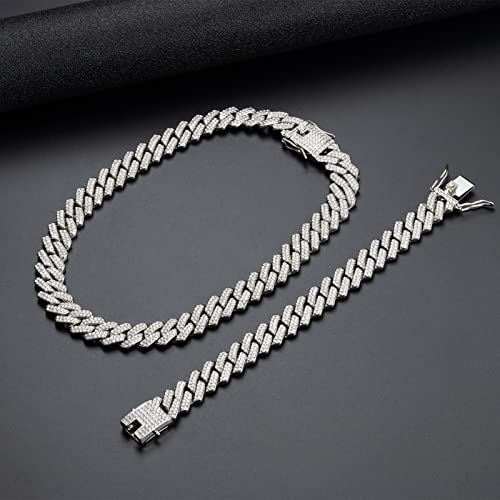 Uilz 2 Pcs Cuban Link Chain For Mens Women Iced Out Miami Cuban Necklace And Bracelet Hip Hop Bracelet Silver Plated Rhinestone Cz Clasp Chain Gift For Him 20" #TOP6