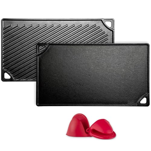 Aping Cast Iron Griddle, Nonstick Reversible Griddle Pan with Mitts for Gas Grill, Cast Iron Griddle Plate for Gas Stove Top, Oven, Outdoor Grill or Campfire,16.5'' x 9.5''