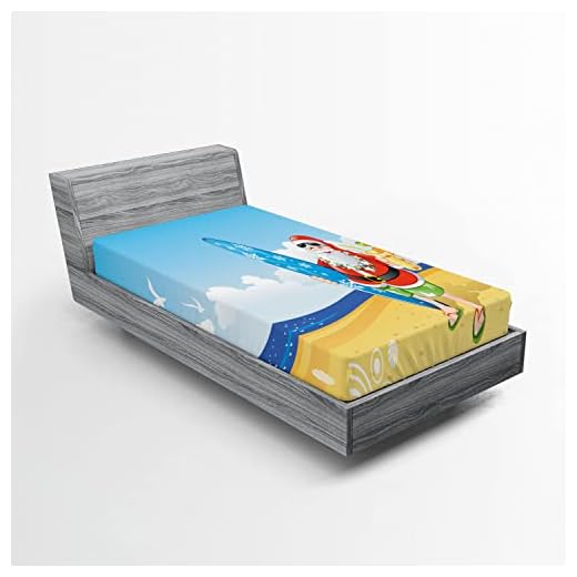 Ambesonne Christmas Fitted Sheet, Santa Claus on The Beach Surfboard Summer Party Celebration Tropical Art, Soft Decorative Fabric Bedding All-Round Elastic Pocket, Twin Size, Yellow Blue