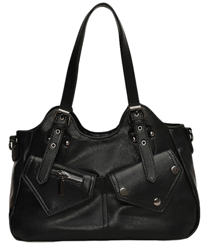 Y2K Retro PU Leather Shoulder Bag Women Large Tote Crossbody Handbag Rivet Buckle Decor Adjustable Strap