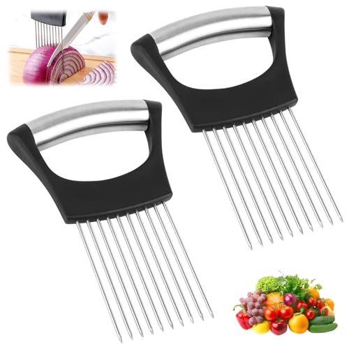 2PCS Zwiebelhalter, Zwiebelhalter Schneidehilfe aus Edelstahl, Edelstahl Zwiebelschneider Halter, Food Slice Assistant, Zwiebelhalter Gemüsehobel, für Fleisch, Zwiebeln, Kartoffeln, Tomaten
