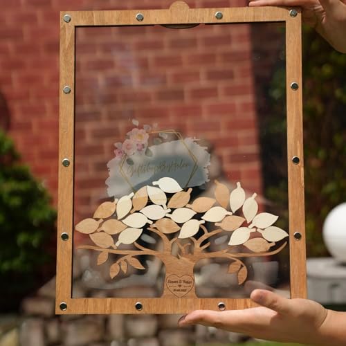 Image of Personalized Maple Tree Wedding Guest Book Alternative, Fall Leaf Drop Box | Rustic fall wedding guest book alternative; guests drop wooden leaf hearts into personalized maple tree keepsake box