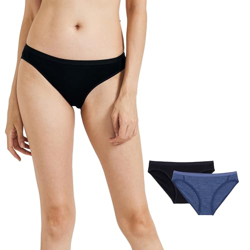 ZSOSBA METARINO 2 Pack Women's Athletic Underwear Panties Soft Merino Wool Sports Active Briefs,Black Denim Blue,Small