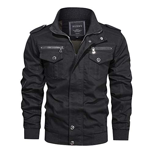 Men's Cotton Casual Military Jacket Stand Collar Spring and Autumn Lightweight Outwear Coat Windbreaker (Black, Large)