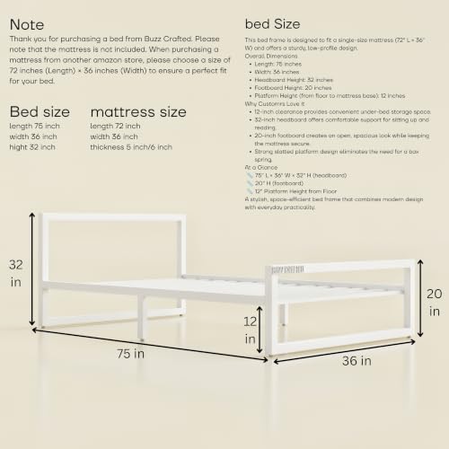 Image of Single Size Metal Bed Frame | SingleSize Metal Bed for Adults | Heavy Duty Iron Bed | Steel Bed Single | Single Metal Cot | Platform Bed | White MetalBed | Metal Slats | No Box Spring Needed