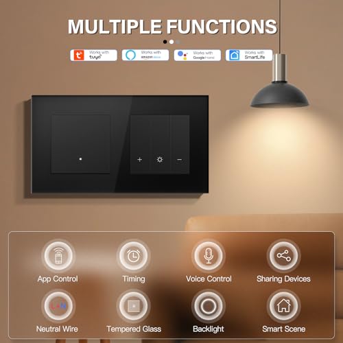 BSEED WIFI 1 Fach 1 Weg Lichtschalter mit Smart Dimmer Compatibel mit Google Home und Alexa Neutrale Leitung Benötigt, Schwarz
