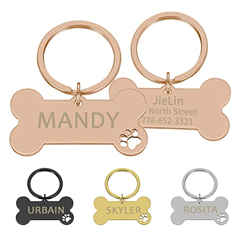 CAMAL Placas para Perros Grabadas Acero Inoxidable, Placas Identificativas Perros Personalizables para Collar Perro Gato Mascota, Chapa Perro Grabada, Forma de Hueso (Oro Rosa, Pequeña)