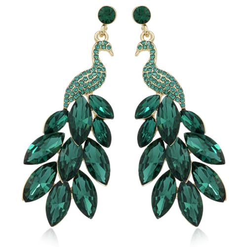 LEEQBCR Boucles d'Oreilles Paon Cascade Tassel en Cristal Emeraude Bohémien Vert