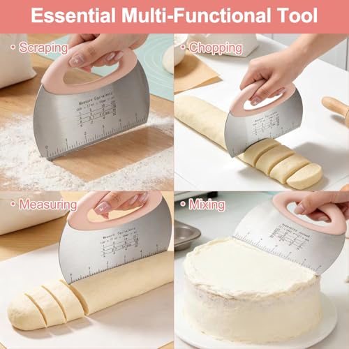SITAKEGS Teigschneider, 4 Pack Teigschaber mit ausgehöhlter Edelstahl-Messskala, Teigschaber Lebensmittelzange Ölpinsel-Set, Arbeitstischschaber Küchenhelfer für Pizza, Kuchen, Brot, Gebäck, Torten
