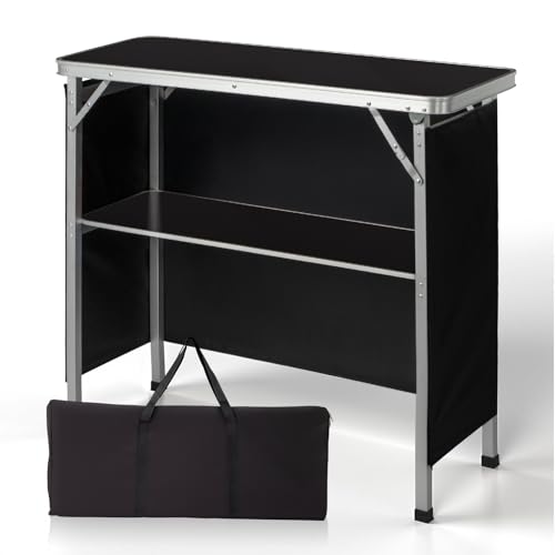 Outvita Portable Bar Table, Outdoor Folding Mobile Bar Counter with 2 Tier Shelves and Black Skirt for Wedding Party Birthday Commercial Activity Musical Festival 39 'L x 34' H (Black Tabletop)
