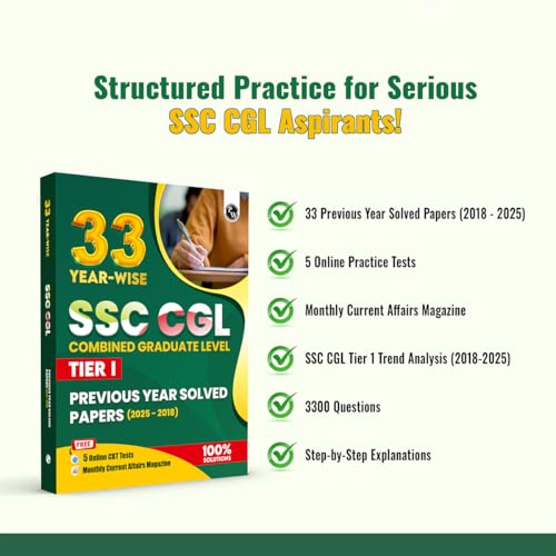 Image of PW 33 SSC CGL (Combined Graduate Level) Tier 1 Previous Year Solved Papers (2025-2018) with 5 Online Mock Tests For 2026-27 Exam | Yearwise PYQs | Fully Solved | English Edition