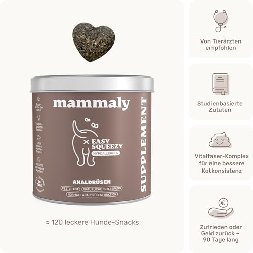 9 in 1 Analdrüsen Leckerli für Hunde mit Ballaststoffen - Easy Squeezy 120 Snacks (350g) von mammaly - gegen verstopfte Analdrüse - für festen KOT und natürliche Analdrüsenentleerung für deinen Hund