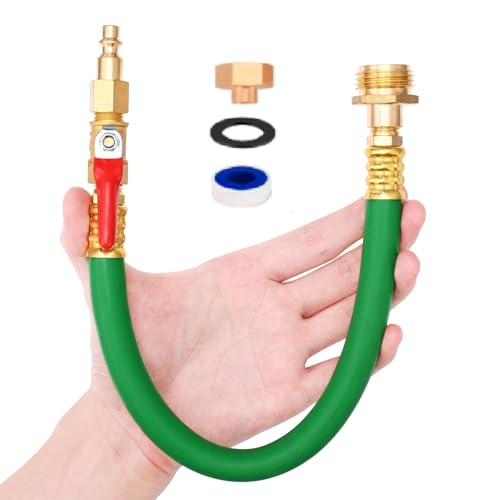 Image of 12 inch Winterize Sprinkler System RV Motorhome Boat Camper and Travel Trailer: Air Compressor Quick-Connect Plug to 3 /4 inch Garden Hose Faucet Blow Out Adapter Fitting with Shut Off Valve (Green)