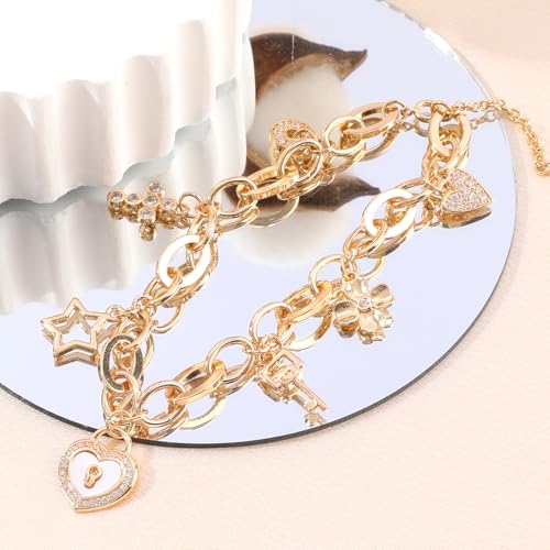 Cute Gold Charm Link Bracelet for Women Sunflower Butterfly Daisy Flower Pearl Insect Flower Clover Lock Key Heart Charm Bracelet CZ Snowman Snowflake Pendant Spring Summer Christmas Jewelry Gifts3