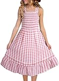 blibean Tween Girls Summer Dress Big Kids Sleeveless Plaid Sundress Teen Casual High Waist A Line Sun Dresses Junior Smocked Vacation Clothes Pockets Vestidos Niñas Size 10-11 Years Old Pink