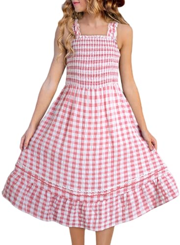 blibean Girls Summer Dresses Kids Sleeveless Plaid Dress Size 14-16 Pink