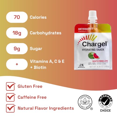 Image of Chargel Watermelon | Antioxidant Gel Drink & Hydrating Snack | Caffeine-Free Instant Energy Gel with Vitamins, A, C & E, Biotin | Gluten Free | Pack of 6 Gels - 6.35oz Each