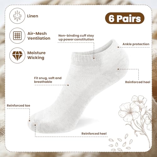 Image of Mepase 6 Pairs Flax Linen Ankle Socks for Women Men 88% Organic Thin Breathable Mesh Low Cut Quick Dry Moisture Wicking Socks