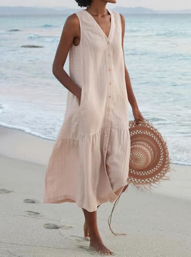 Image of chouyatou Women's Summer Sleeveless Button Down Cotton Tank Dress Loose A-Line Tiered Tunic Beach Dress