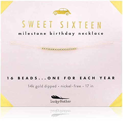 Lucky Feather Sweet 16 Milestone 14K Gold Dipped Beads Necklace On 17" Cord - Perfect 16Th Birthday Gift Ideas #TOP15