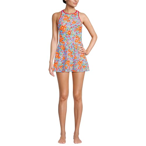Lands End Womens Tugless High Neck Swim Dress Swimsuit 6 Blue Springside Floral