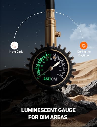 AstroAI Heavy Duty Tyre Pressure Gauge, 100 PSI Certified ANSI B40.1 Accurate with Large 2" Easy Read Glow Dial, Durable Rubber Hose and Solid Brass Construction for Car Truck Motorcycle - Image 2