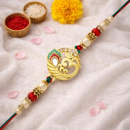 Image of Riddhika Ventures Glorious Gold Plated Auspicious Diamond Ring Rakhi with Roli Chawal and Greeting Card