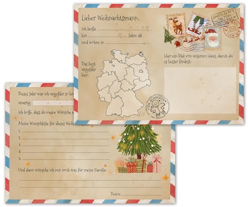 PICTALOO Wunschzettel Weihnachten DIN A5, Wunschliste an Weihnachtsmann, Weihnachtsbriefpapier, Postkarte Weihnachtswünsche Christkind Santa Claus, Weihnachtswunschzettel Vorlage Kinder Mädchen Jungen