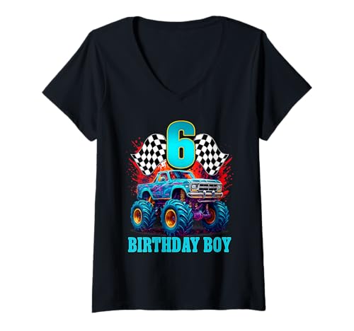 Donna 6° compleanno retrò Monster Truck 6 anni ragazzi ragazze bambini Maglietta con Collo a V