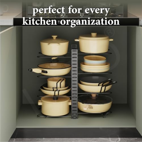 Image of LAPO 8 Tier Adjustable Pan Stand for Kitchen, Multipurpose Pot Tawa Rack Holder, Cookware Lid Plate Tray Organizer Shelf for Home, Space Saving Storage Rack, Black Finish