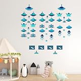 SUPERDANT 27pcs Pixel Space UFO Wall Stickers Octopus Alien Wall Decal Retro Video Game Art Decor for Game Room Kids Room Nursery Living Room Bedroom Decoration Blue 90x60cm
