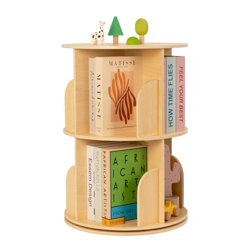 Image of OOOK 2 Tier Rotating Bookshelf, Small Corner Bookshelf Floor Standing Wooden Narrow Bookcase Organizer for Kidsroom, Bedroom, Living Room