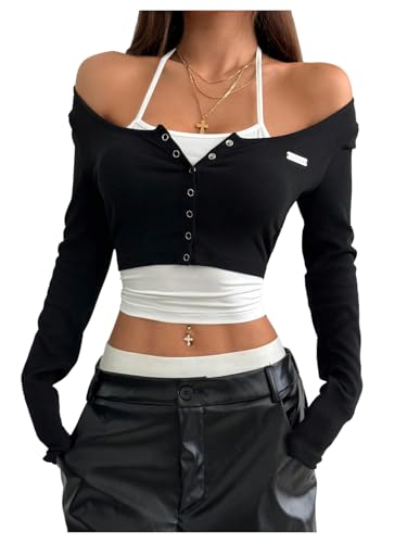 Women's 2 in 1 Halter Top Crop Button Down Long Sleeve T Shirts Fake Two Piece Kontted Front Tops